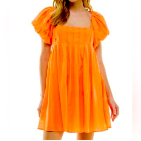 Bright Orange Puff Sleeve Mini Dress - Picture 1 of 13